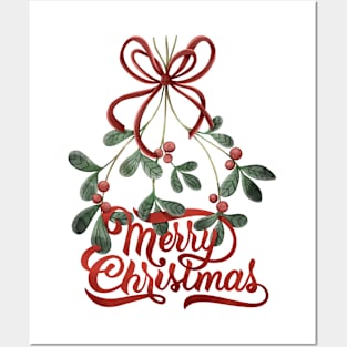 Merry Christmas lettering with mistletoe Posters and Art